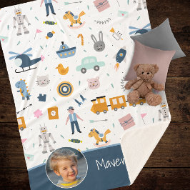 Manta Sherpa Dibujo del patrón de niño y nombre niño azul