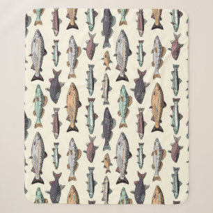 Manta Sherpa Dibujos de peces de época, patrón sin costuras.