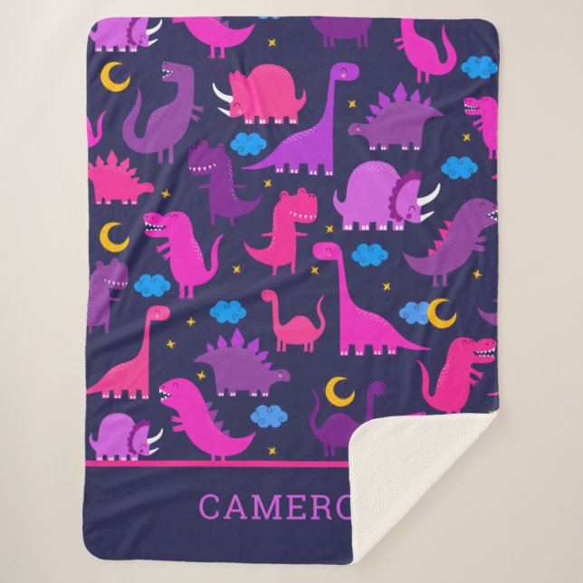 Manta Sherpa Dinosaurios Personalizados En Chicas Púrpura Rosa  (Anverso)