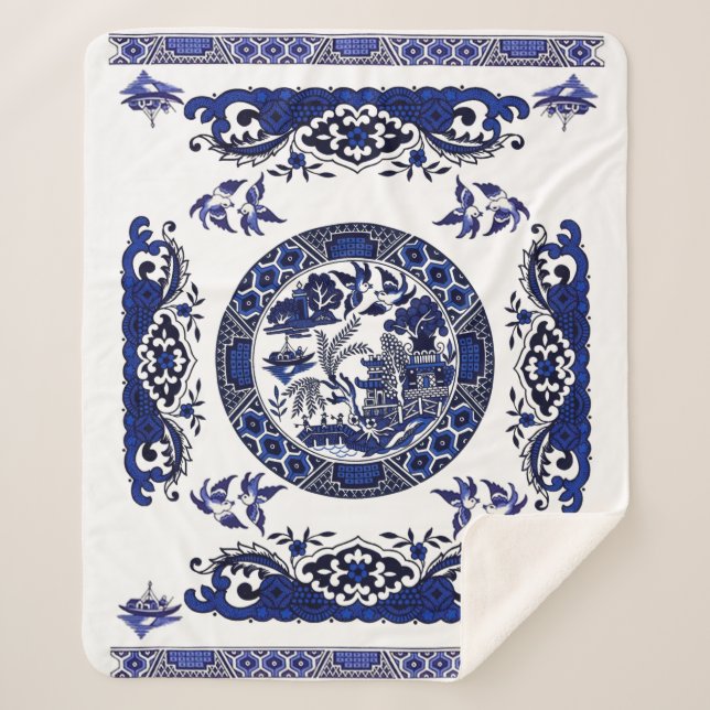 Manta Sherpa Diseño azul clásico de China del sauce (Anverso)