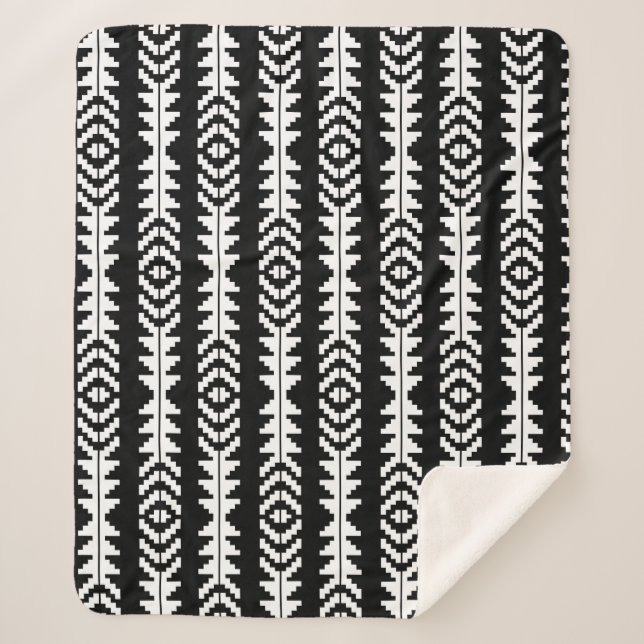 Manta Sherpa Diseño de boho geométrico en blanco y negro (Anverso)