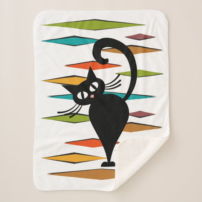 Manta Sherpa Diseño de gato negro de Mid Century (Anverso)