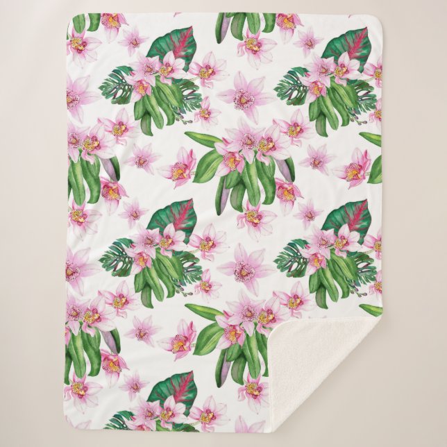 Manta Sherpa Diseño de orquídeas acuarelas 30 (Anverso)