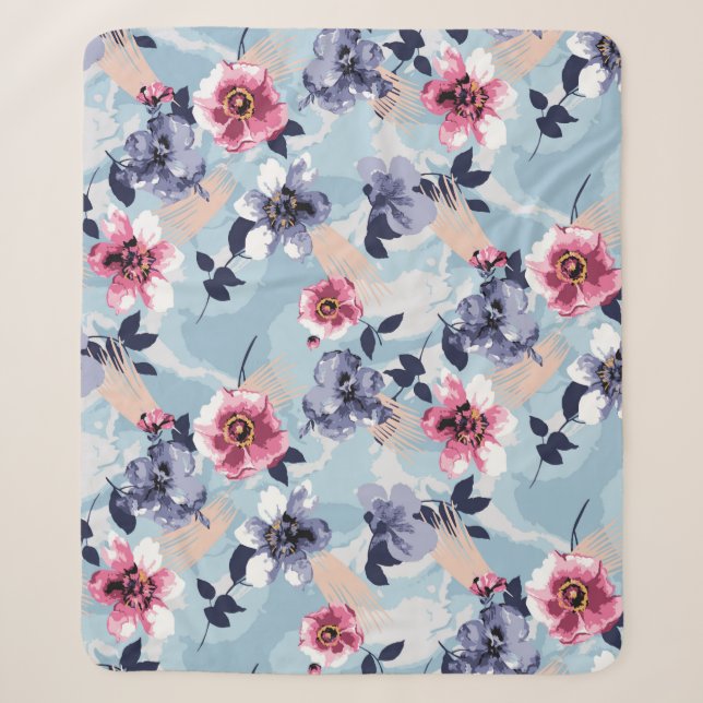 Manta Sherpa diseño de patrones de flores ilustraciones textile (Anverso)