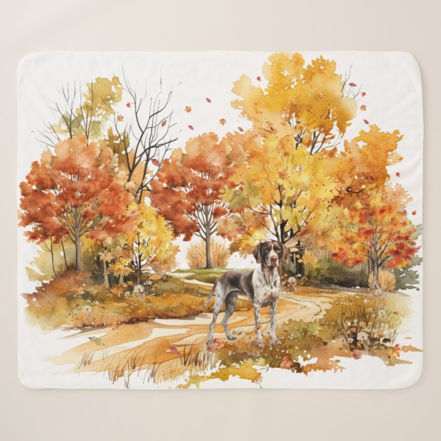 Manta Sherpa Diseño de perro otoñal con acuarela - Pointer alem (Anverso (horizontal))
