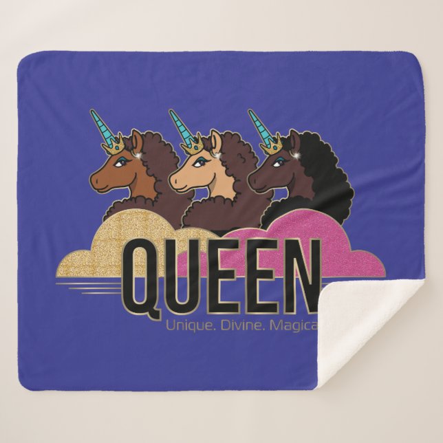Manta Sherpa Diseño de trío de reina Afro Unicornio (Anverso (horizontal))
