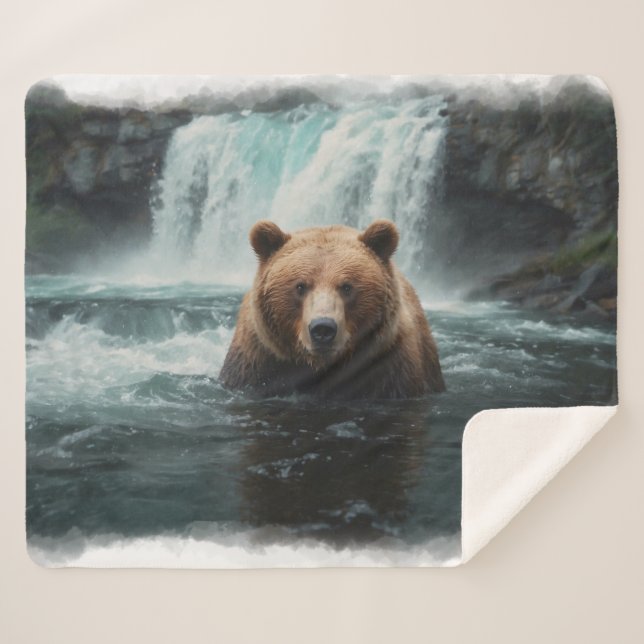 Manta Sherpa Diseño de vida silvestre Grizzly Bear & Waterfall (Anverso (horizontal))