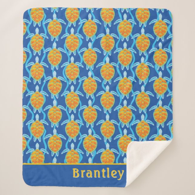 Manta Sherpa Diseño lúdico de tortuga azul Naranja (Anverso)