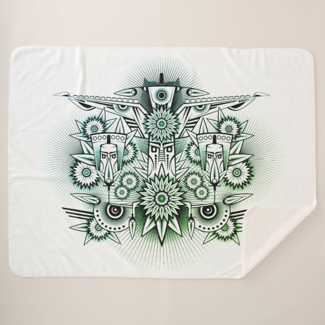 Manta Sherpa Diseño tribal de tonos verdes (Anverso (horizontal))