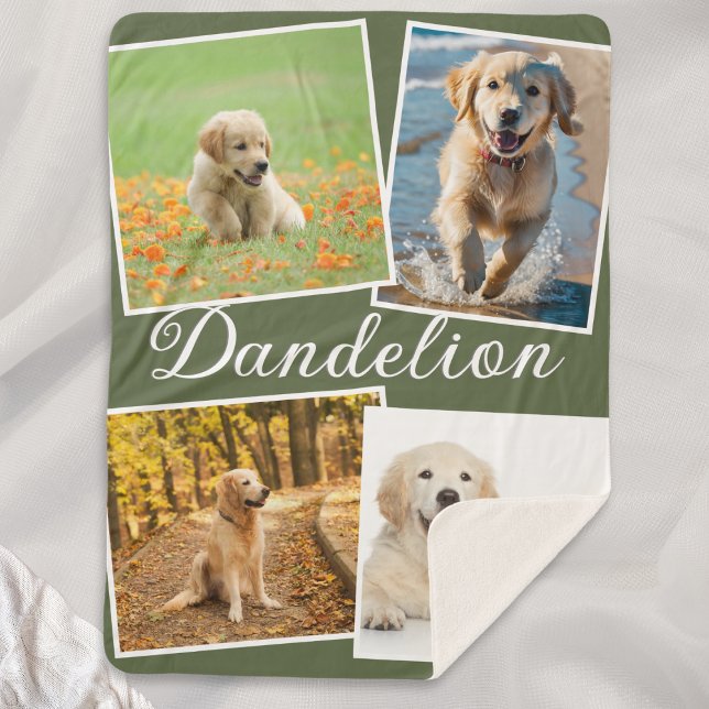Manta Sherpa Dog Photo Pet Collage Olive Green Personalized (An olive green sherpa blanket, with four custom pet photos, and pet's name in script typography)