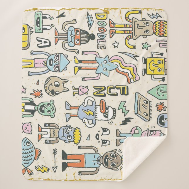 Manta Sherpa Doodles Wacky: Conjunto de caracteres de época (Anverso)