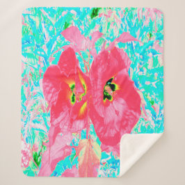 Manta Sherpa Dos rosados ciruelas de coral rojo loco hibiscus e
