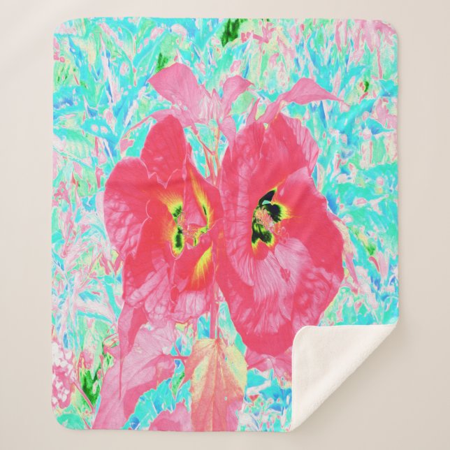 Manta Sherpa Dos rosados ciruelas de coral rojo loco hibiscus e (Anverso)