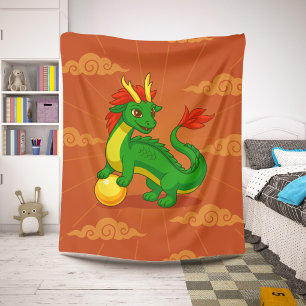 Manta Sherpa Dragón Chino Verde sobre Rojo