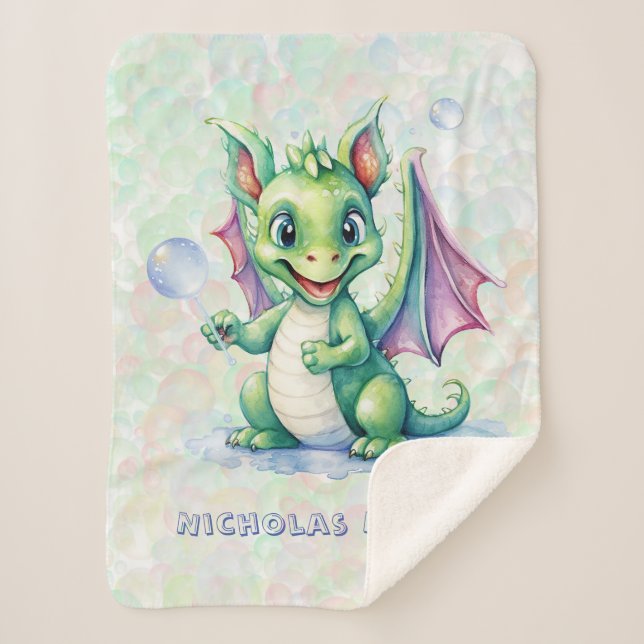 Manta Sherpa Dragón verde lindo con regalo de Personalizado de  (Anverso)