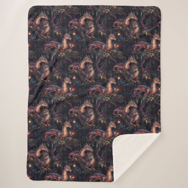 Manta Sherpa Dragones morados encaramados en árboles (Anverso)