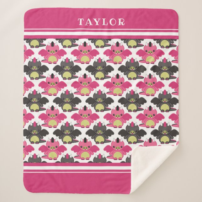 Manta Sherpa Dragones rosados y negros del bebé - nombre (Anverso)