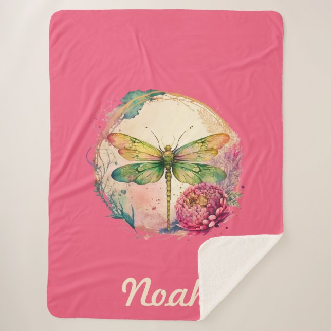 Manta Sherpa Dragonfly floral elegante con nombre personalizado (Anverso)