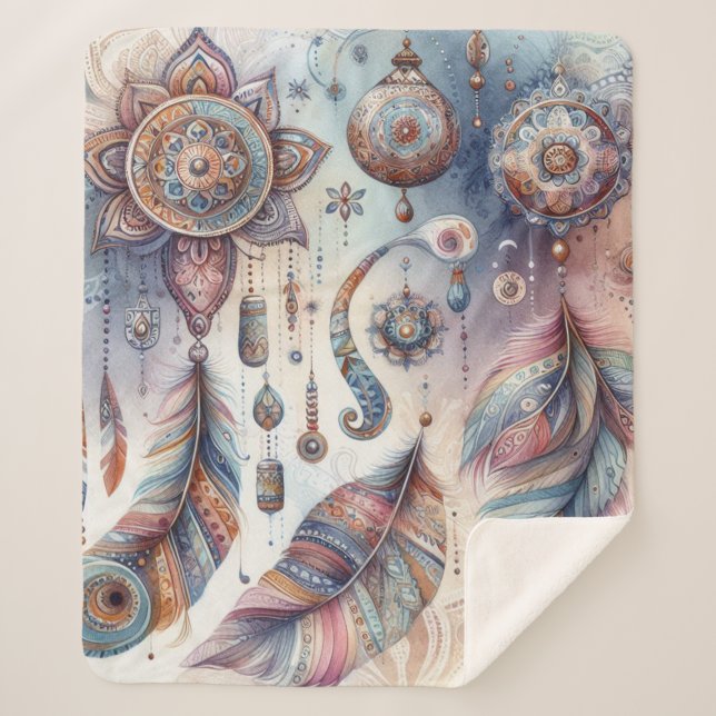 Manta Sherpa Dreamcatcher en un tema bohemio (Anverso)