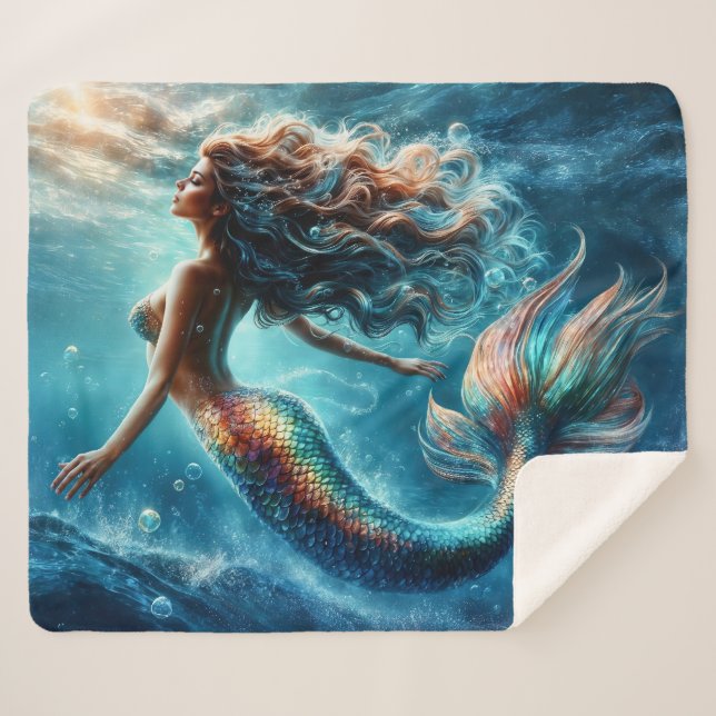Manta Sherpa Dreamy océano sirena chica criatura fantasía (Anverso (horizontal))