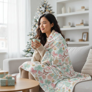 Manta Sherpa Dulce Patrón Kawaii de Pastel de Invierno de Santa