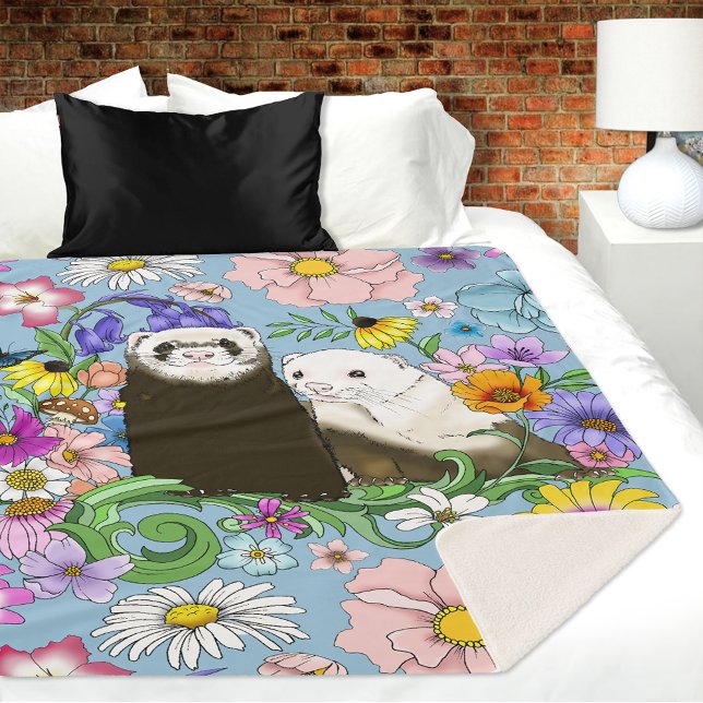 Manta Sherpa Dulces Ferrets Azules Caprichosos con Flores Parej (Subido por el creador)