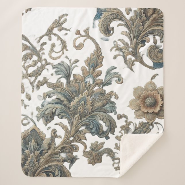 Manta Sherpa Dusky Blue Floral Brocade Pattern Sherpa Blanket (Anverso)