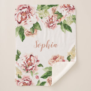 Manta Sherpa Duste Chica floral Peony Rosa Nombra bebé