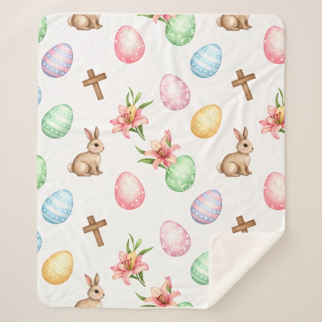 Manta Sherpa Easter Grace – Seamless Pastel Bunny & Cross Patte (Anverso)