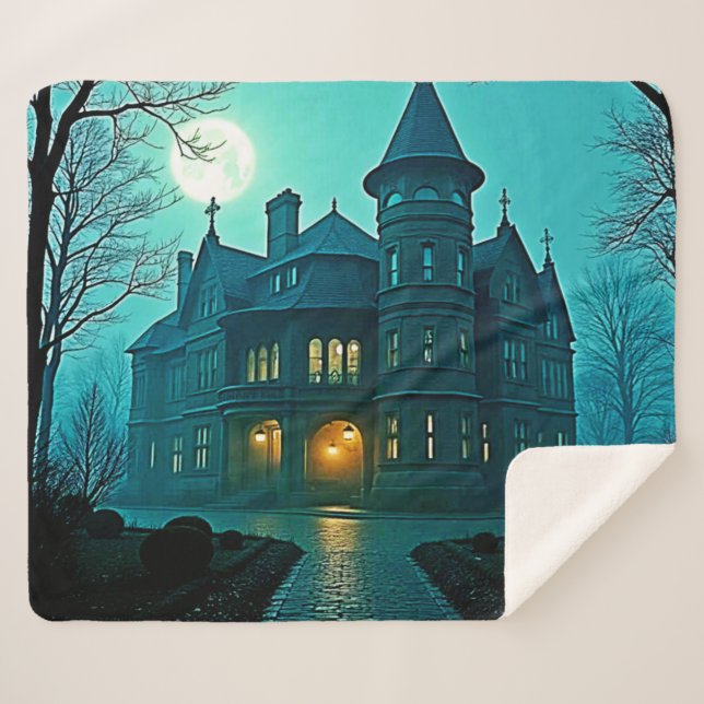 Manta Sherpa Eerie Victorian Mansion Moonlight (Anverso (horizontal))