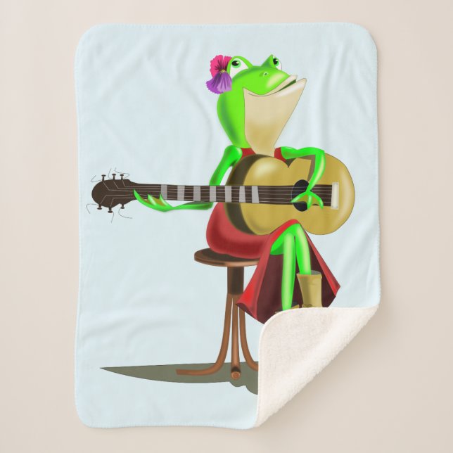 Manta Sherpa El bebé gracioso Sherpa Blanket Frog tocando guita (Anverso)