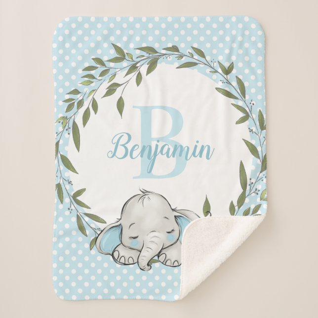 Manta Sherpa El elefante azul verde es un niño personalizado (Anverso)