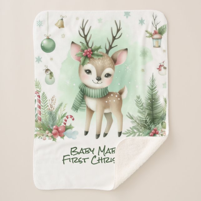 Manta Sherpa El primer verde de los renos navideños del bebé (Anverso)