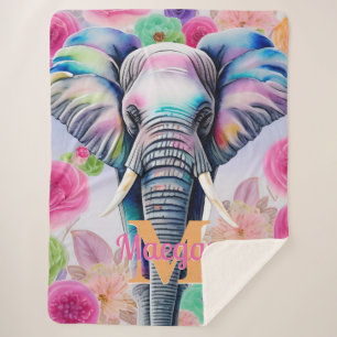 Manta Sherpa Elefante acuarela con nombre personalizado de flor