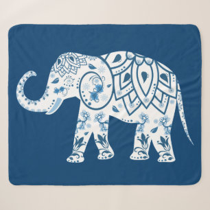 Manta Sherpa Elefante Azul con Patrón Ornamentado