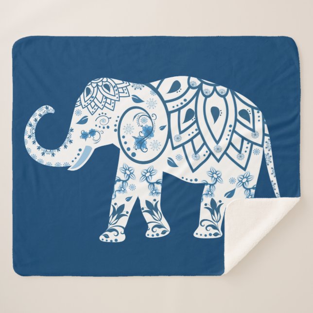 Manta Sherpa Elefante Azul con Patrón Ornamentado (Anverso (horizontal))