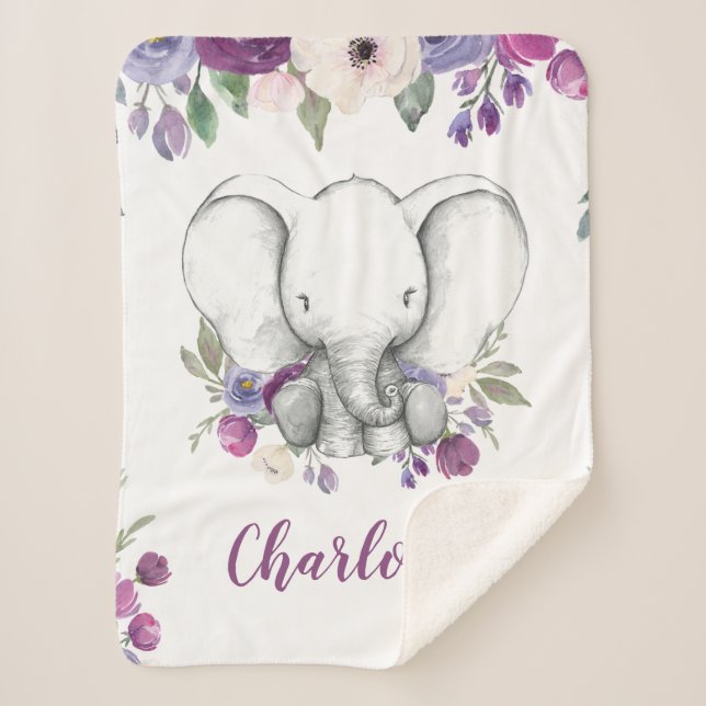 Manta Sherpa Elefante floral color morado personalizado (Anverso)