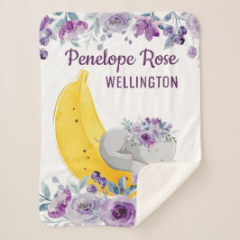 Manta Sherpa Elefante lindo en un plátano + flores moradas + no