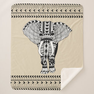 Manta Sherpa Elefante tribal bohemio negro y blanco