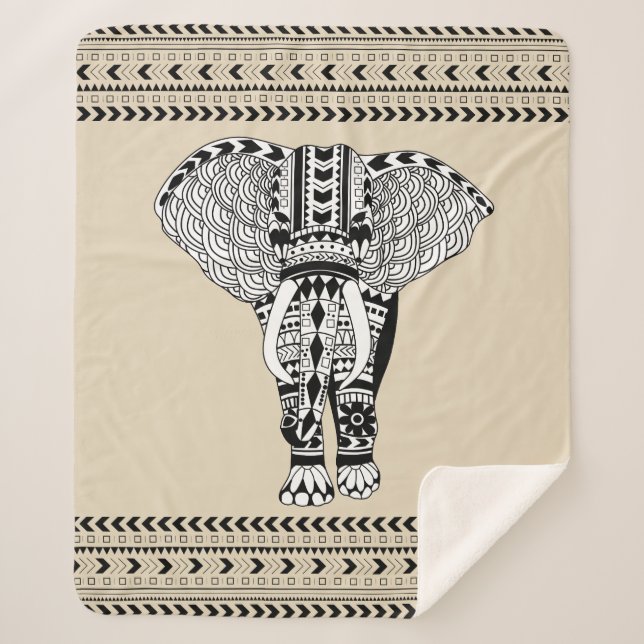 Manta Sherpa Elefante tribal bohemio negro y blanco (Anverso)