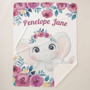 Manta Sherpa Elefante y conejo + rosas granate nombre personali