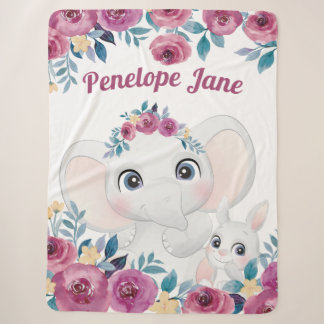 Manta Sherpa Elefante y conejo + rosas granate nombre personali