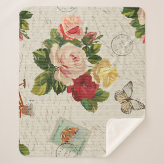 Manta Sherpa Elegancia floral vintage, mariposa