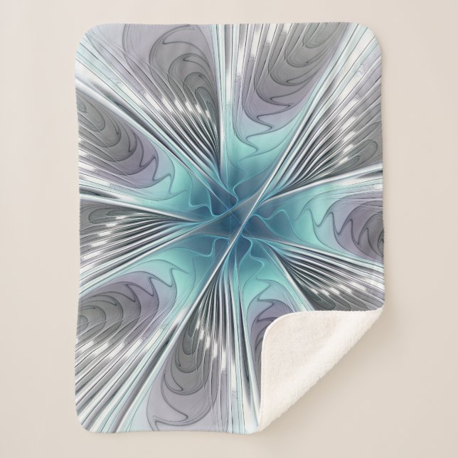 Manta Sherpa Elegancia Moderno Arte Fractal Flor Gris Azul Blan (Anverso)