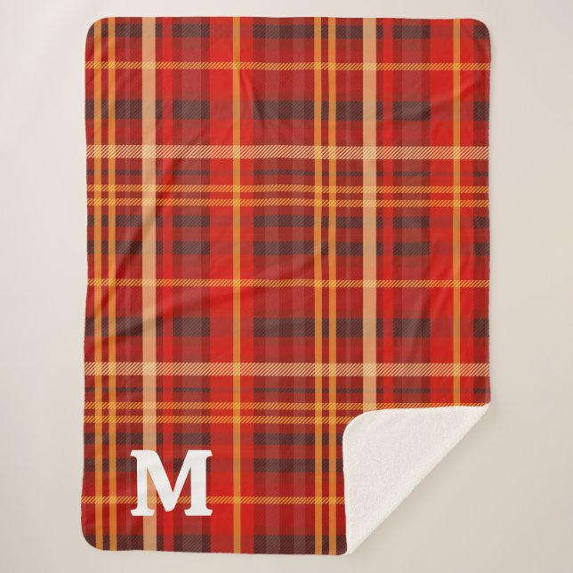 Manta Sherpa Elegant Red Black Plaid Monogram Custom  (Anverso)