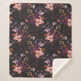 Manta Sherpa Elegant Vintage Dark Moody Burgundy Floral 