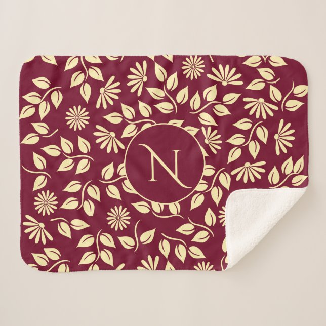 Manta Sherpa Elegante Baño Burgundy Patrón de Hojas Monográfica (Anverso (horizontal))