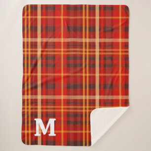 Manta Sherpa Elegante Cuadro de Tartán Rojo Negro Monograma 