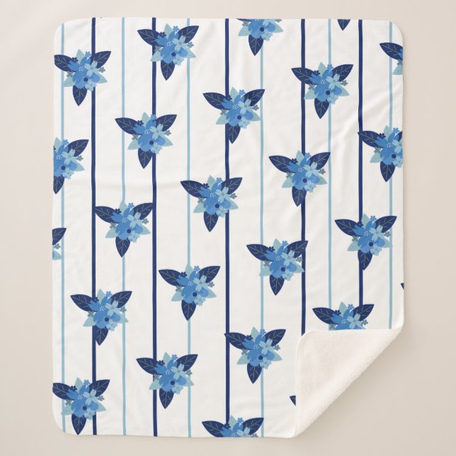 Manta Sherpa Elegante estriba de patrón floral monocromático az (Anverso)