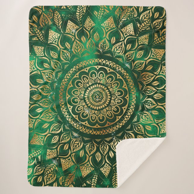 Manta Sherpa Elegante Gold Green Mandala Floral (Anverso)